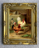 Fine Oleograph on Canvas of Chickens & Hens in a Stable Yard