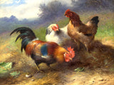 Fine Oleograph on Canvas of Chickens in a Rural Landscape