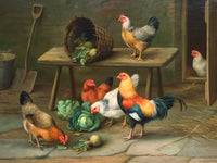 Fine Oleograph on Canvas - Chickens with Cabbages in a Stable