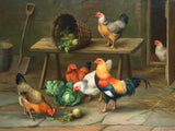 Fine Oleograph on Canvas - Chickens with Cabbages in a Stable