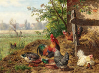 Fine Oleograph on Canvas of Chickens & Ducks in a Stable Yard