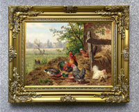 Fine Oleograph on Canvas of Chickens & Ducks in a Stable Yard