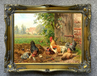 Fine Lithograph on Canvas of a Cockerel, Hens & Chicks in a Stable Yard