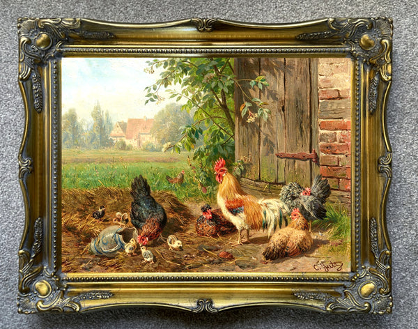 Fine Lithograph on Canvas of a Cockerel, Hens & Chicks in a Stable Yard