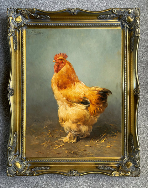 Fine Oleograph on Canvas of a Cockerel in a Stable