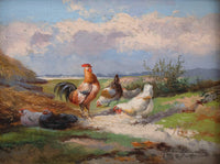 Fine Oleograph on Canvas of a Cockerel & Hens in a Landscape