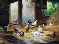 Fine Oleograph on Canvas of a Cockerel & Hens in a Stable