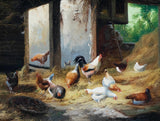 Fine Oleograph on Canvas of a Cockerel & Hens in a Stable