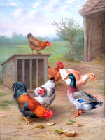 Fine Oleograph on Canvas of Chickens & Ducks in a Stable Yard