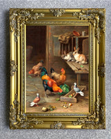 Fine Oleograph on Canvas of Chickens, Rabbits & Pigeons in a Stable