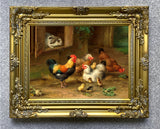 Fine Oleograph on Canvas of Chickens in a Barnyard