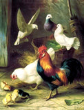 Fine Oleograph on Canvas of Chickens in a Yard