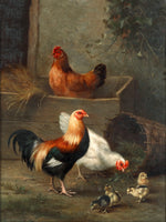 A Cockerel & Hens in a Farmyard - Fine Oleograph on Canvas in a Gilt Rococo Frame