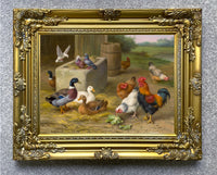 Oleograph on Canvas of Chickens & Pigeons in a Farmyard