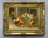 Fine Oleograph on Canvas of Chickens & Rabbits in a Stable Yard