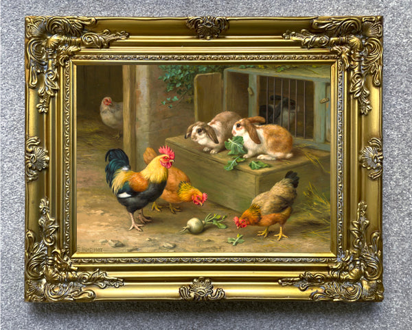 Fine Oleograph on Canvas of Chickens & Rabbits in a Stable Yard