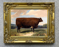 Gilt Framed Oleograph of a Prize Cow in a Landscape