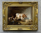 Gilt Framed Oleograph of a Cow with Sheep & Chickens