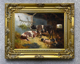 Fine Oleograph on Canvas of Cows Pigs & Chickens in a Stable