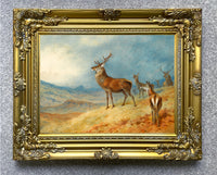 Gilt Framed Oleograph of Red Deer in a Highland Landscape