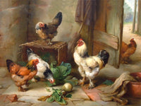 Oleograph on Canvas of Chickens in a Stable aft. Edgar Hunt