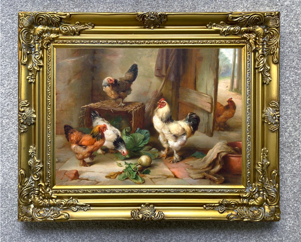 Oleograph on Canvas of Chickens in a Stable aft. Edgar Hunt