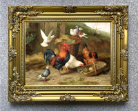 Fine Oleograph on Canvas in an Ornate Rococo Frame, "Chickens Doves & Pigeons in a Yard"