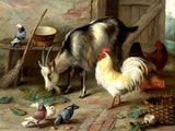 Fine Oleograph on Canvas of Chickens & Goats in a Stable