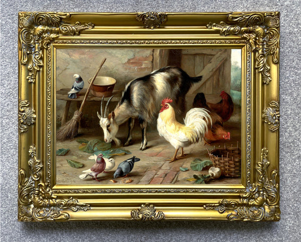 Fine Oleograph on Canvas of Chickens & Goats in a Stable