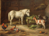 Fine Oleograph on Canvas of a Pony, Chickens, & Goats in a Stable