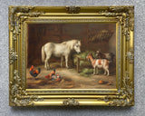 Fine Oleograph on Canvas of a Pony, Chickens, & Goats in a Stable