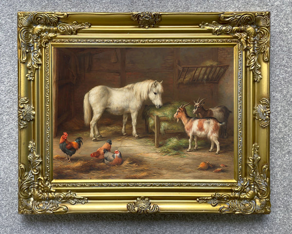 Fine Oleograph on Canvas of a Pony, Chickens, & Goats in a Stable