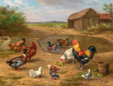 Fine Lithograph on Canvas of Chickens & Ducks by a Pond