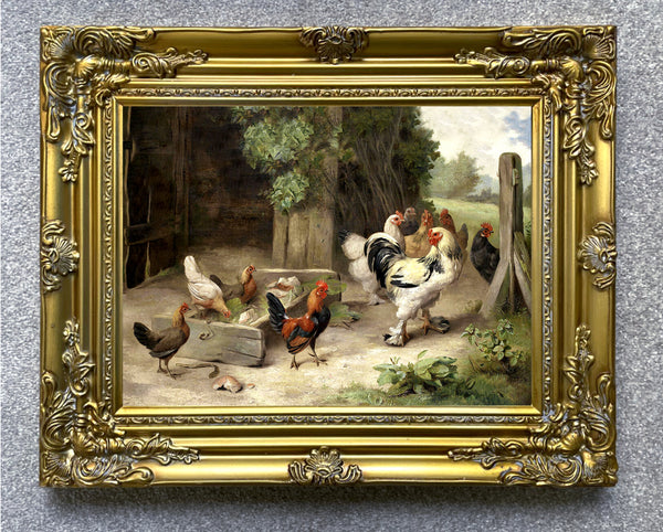 Fine Lithograph on Canvas - Chickens & Bantams in a Yard aft. Edgar Hunt