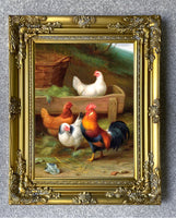 Fine Oleograph on Canvas of a Cockerel & Hens in a Yard