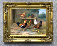 Fine Oleograph on Canvas of Chickens & Chicks in a Barnyard