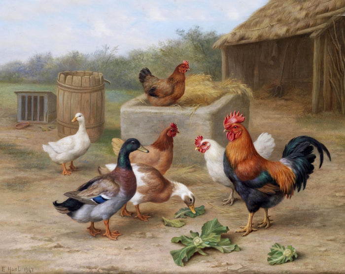 Fine Oleograph on Canvas of Chickens in a Yard 