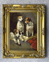 Gilt Framed Oleograph of Hounds & a Jack Russell in a Stable aft. Emms