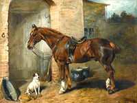 Fine Oleograph on Canvas of a Saddled Hunter & Dog by a Stable aft. Emms