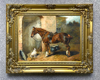 Fine Oleograph on Canvas of a Saddled Hunter & Dog by a Stable aft. Emms