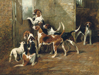 Gilt Framed Lithograph on Canvas - Foxhounds at the Stable Door after the original by John Emms
