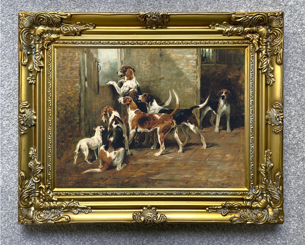 Gilt Framed Lithograph on Canvas - Foxhounds at the Stable Door after the original by John Emms