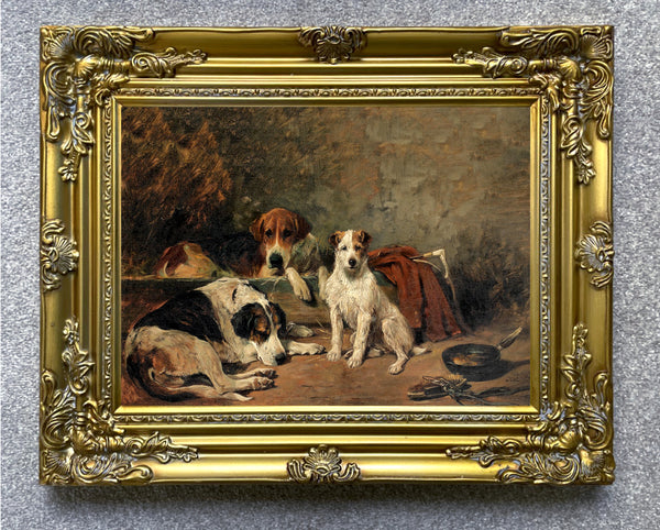 Gilt Framed Oleograph of Hounds in a Stable aft. Emms