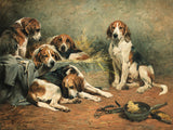 Gilt Framed Oleograph of  Foxhounds In a Stable aft. John Emms