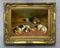 Fine Framed Oleograph of  Foxhounds & a Jack Russell in a Stable aft. John Emms