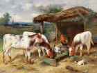 Fine Oleograph on Canvas of Cows & Chickens in a Yard