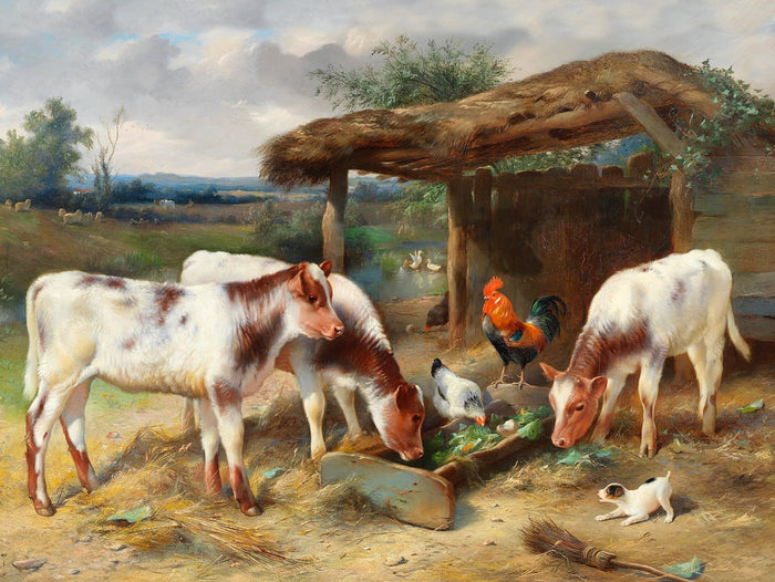 Fine Oleograph on Canvas of Cows & Chickens in a Yard