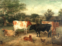 Oleograph on Canvas of Cattle in a Farmyard in a Gilt Gesso Frame