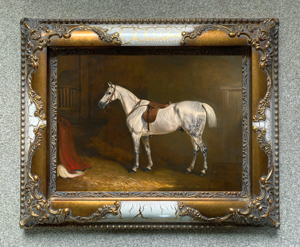 Oleograph ON CANVAS OF A SADDLED GREY HUNTER IN A LOOSE BOX