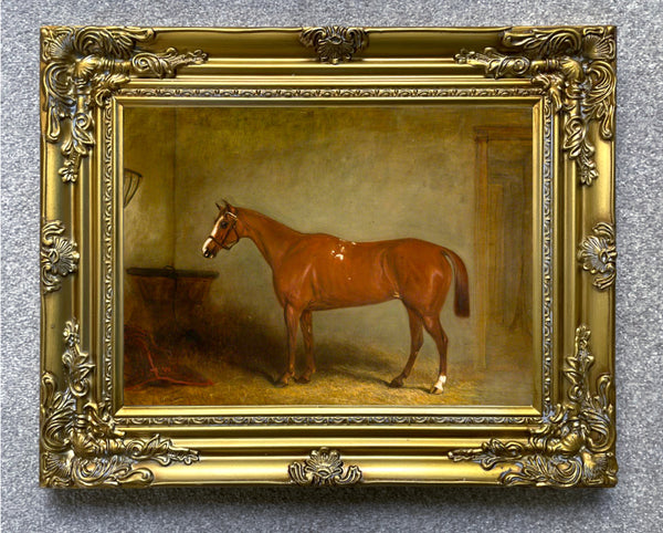 Excellent Oleograph on Canvas - Portrait of a Chestnut Hunter in a Stable